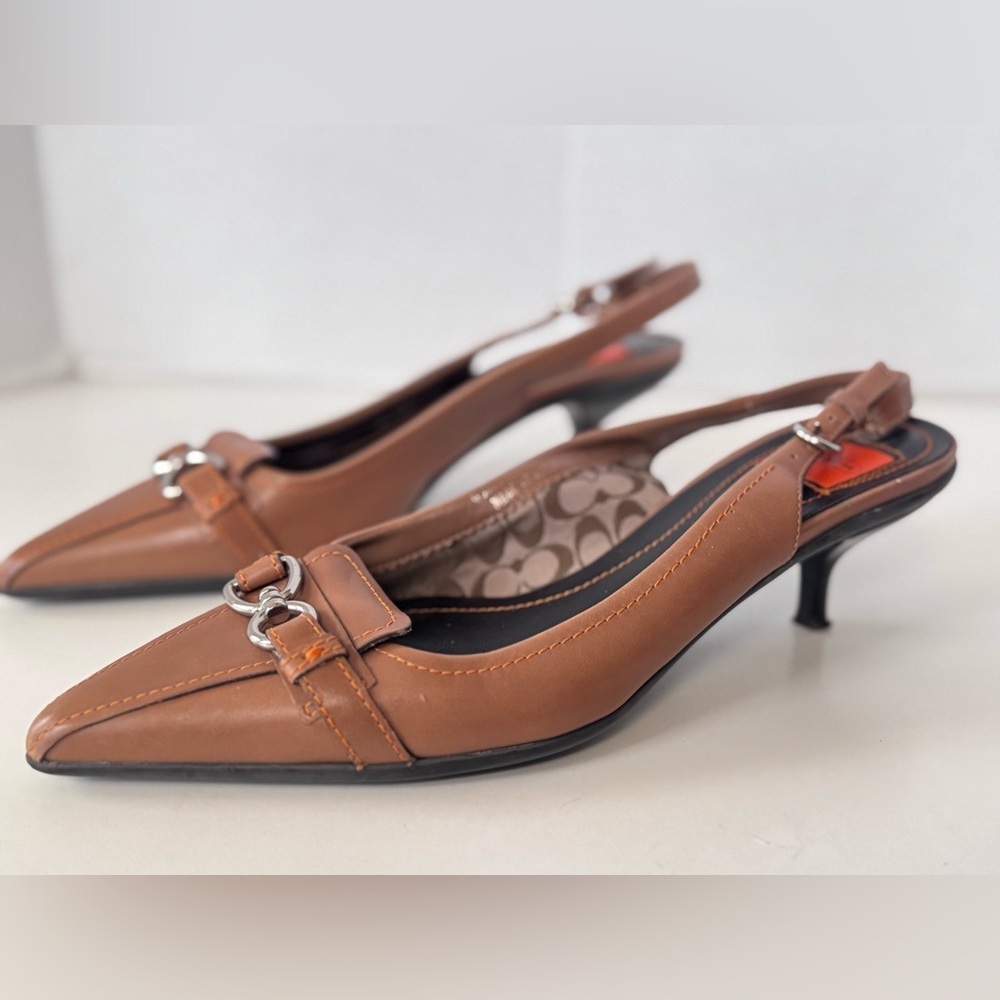Vintage Coach Starr Tan Leather Buckle Slingback Kitten Heels Size 6 - Picture 5 of 12